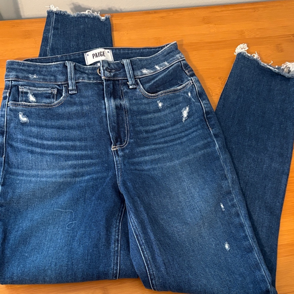 PAIGE Dark Blue Distressed Cropped Skinny Jeans